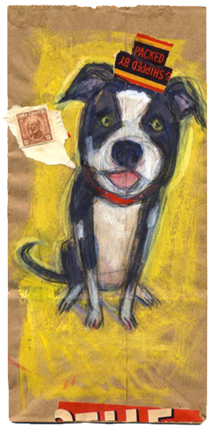 Doggy Bag, Pet Portrait, whimsy, custom pet portrait, color, pet portrait artists, pet portraits from photos